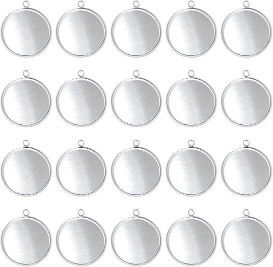 Jewelry Making Tray - 20個のステンレス鋼ラウンドベゼルブランクペンダントトレイ、イヤリング、ブレスレット、ネックレス、キーホルダー、DIYクラフト、樹脂ガラスカボショ用