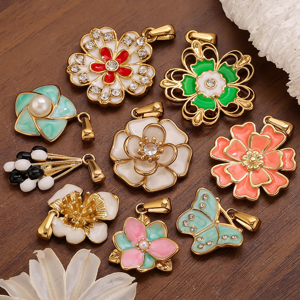 Jewelry Making Materials Wholesale - 2 個ステンレス鋼エナメル大花チャームジュエリー作成用品ペンダント卸売バルク DIY イヤリングネックレス材料
