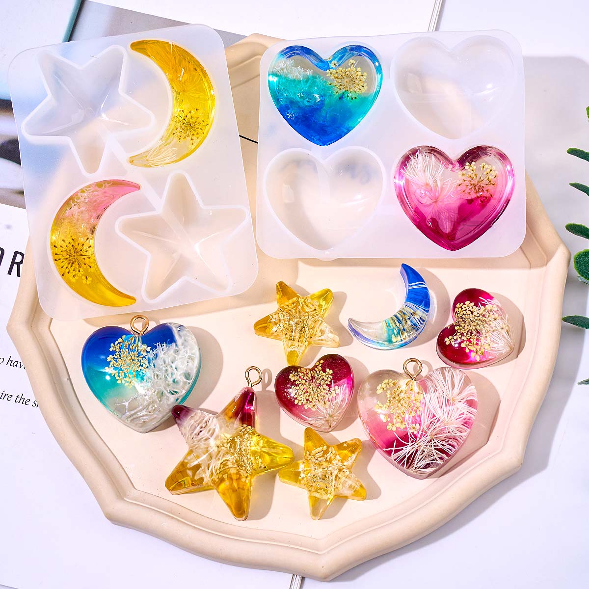 Jewelry Making Mold - ハートスタームーンペンダントシリコンモールド DIY エポキシ樹脂ジュエリー鋳造金型ネックレスモールドキーホルダー工芸品作成用品