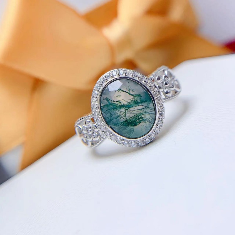 Jewelry Making University - 女性用925スターリングシルバーリング,モス瑪瑙ジェムストーン,金メッキ,ナチュラル,エンゲージメントジュエリー,ウェディングジュエリー,8x10mm