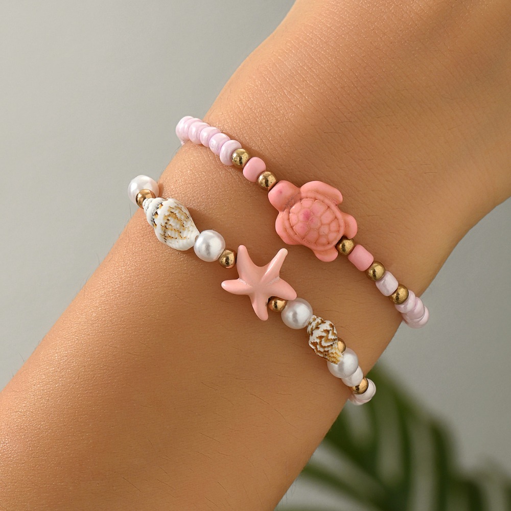 Jewelry Making Kits For Girls - 2個セット 可愛いピンクのミニシードビーズとセラミックの亀、ヒトデ、貝殻を使ったストレッチブレスレット 女性/女の子向け プールパーティー ジュエリーセット