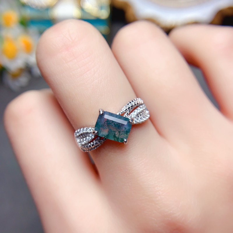 Jewelry Making University - 女性用天然石モス瑪瑙リング,高級ジュエリー,長方形のジェムストーン,ウェディングギフト,エンゲージメントギフト,シルバー925