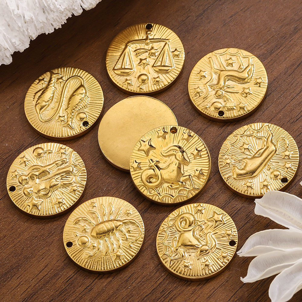 Jewelry Making Materials Wholesale - 5個入り ステンレス製 12星座チャーム コネクター 金メッキペンダント DIY